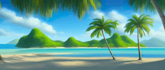 Plakat Stunning tropical beach with crystal clear water, palm trees, and blue sky, with copy space. Summer landscape