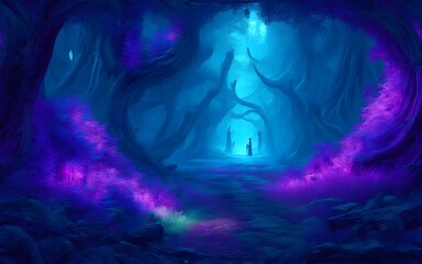 Fantasy and fairytale magical forest with purple and cyan light lighting pathway. Digital painting landscape