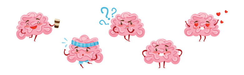 Naklejka premium Pink Humanized Brain with Various Emotions Vector Set