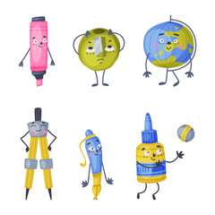 Funny School and Office Supply Humanized Character Vector Illustration Set