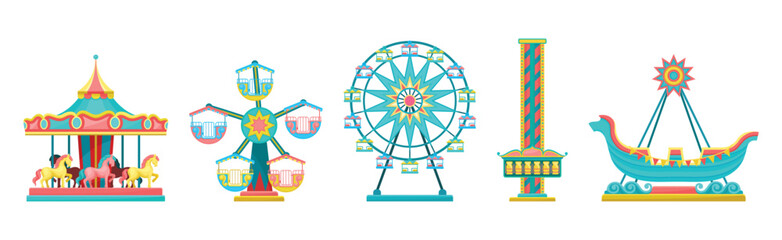 Colorful Amusement Park Funfair Carousels and Attraction Vector Set © Happypictures