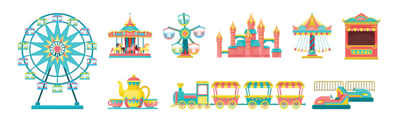 Colorful Amusement Park Funfair Carousels and Attraction Vector Set © Happypictures