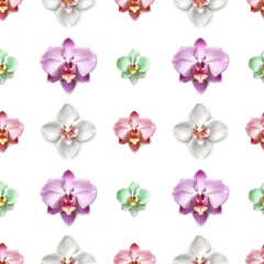 Colorful orchid flowers, seamless pattern, 3D rendering style, AI-assisted creation