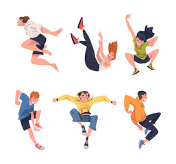 Jumping People Character Feeling Freedom and Motion Flying in Mid Air Vector Illustration Set