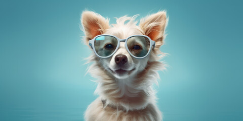 cute smiling Papillon dog in sunglasses with funny expression on its face on blue background. Generative AI