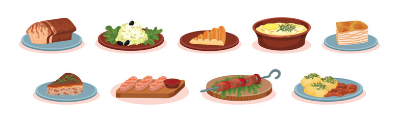 Tasty Dishes and Delicious Meal Served Vector Set