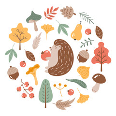 Fall season design elements. Forest natural collection. Autumn icons set consists of hedgehog, trees, mushrooms, leaves, berry, acorn and pear. Vector round illustration on white background. 