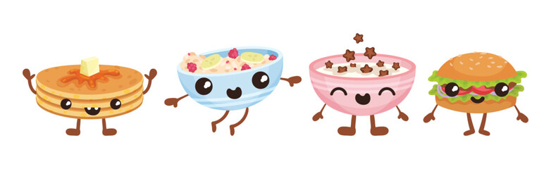 Cute Breakfast Food with Smiling Faces Vector Set