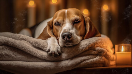 Sleeping Bliss: Beagle Dog Enjoying Spa Retreat - Generative AI