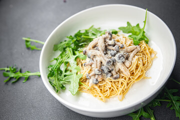 mushroom pasta spaghetti sauce shimeji brown mushroom meal food snack on the table copy space food background rustic top view