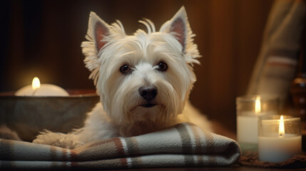 Pampered Pooch: Relaxing Westie Dog in Spa Ambiance - Generative AI