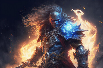 Fototapeta na wymiar Impressive scary warrior king character with fire. Ai generated