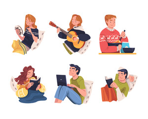 Young Man and Woman in Self-isolation Engaged in Different Activity Vector Illustration Set
