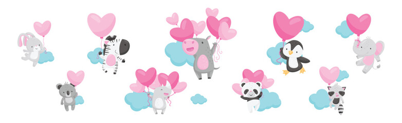 Funny Animals Flying with Heart Pink Balloon Among Clouds Vector Set