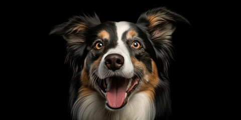 Playful Pup on Black Background: Collie Dog Spreading Laughter with a Funny Smile. Generative AI