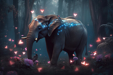 Fototapeta na wymiar Elephant in the forest with butterflies. Ai generated
