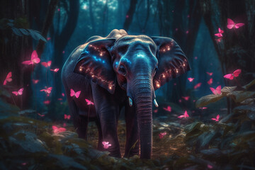 Elephant in the forest with butterflies. Ai generated