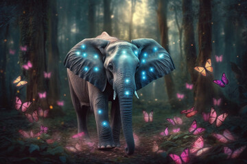 Obraz premium Elephant in the forest with butterflies. Ai generated