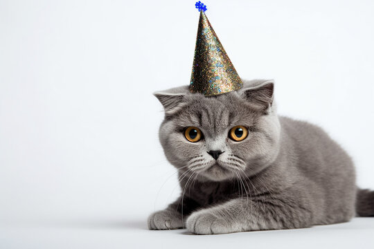Cat with birthday hat on white background. Beautiful cat with party hat. Birthday concept. Digital art
