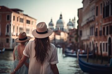 Fototapeta na wymiar Travel, vacation, romance concept. Young couple traveling and walking in Venice, Italy. Gondolas, canals, old town in background. Man and woman view from behind. Sunset summer. Generative AI