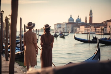 Travel, vacation, romance concept. Young couple traveling and walking in Venice, Italy. Gondolas, canals, old town in background. Man and woman view from behind. Sunset summer. Generative AI - obrazy, fototapety, plakaty