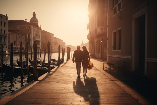 Travel, vacation, romance concept. Young couple traveling and walking in Venice, Italy. Gondolas, canals, old town in background. Man and woman view from behind. Sunset summer. Generative AI