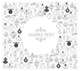 Design template with doodle perfume bottles and place for your text on white background. Vector sketch illistration
