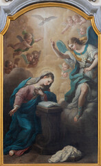 NAPLES, ITALY - APRIL 24, 2023: The painting of Annunciation in the church Chiesa di San Giuseppe a Chiaia by Antonio Sarnelli (1712 - 1800). - obrazy, fototapety, plakaty