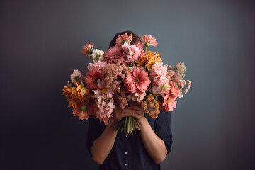Beauty and nature concept. Woman hiding her face behind colorful and big flower bouquet. Generative...