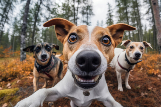 Group of dogs taking selfie photo. AI generative art