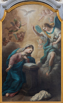 NAPLES, ITALY - APRIL 24, 2023: The painting of Annunciation in the church Chiesa di San Giuseppe a Chiaia by Antonio Sarnelli (1712 - 1800).