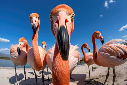 Group of flamingos taking selfie photo. AI generative art