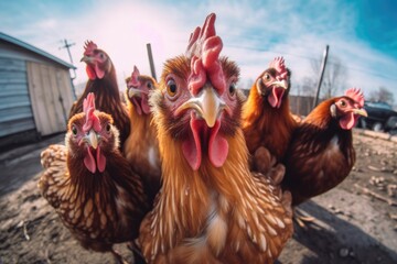 Group of roosters taking selfie photo. AI generative art