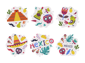 Bright Mexico Object with Tequila, Skull and Sombrero Hat Element Vector Composition Set