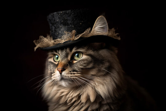 Cute funny and fancy cat portrait with hat. Ai generated