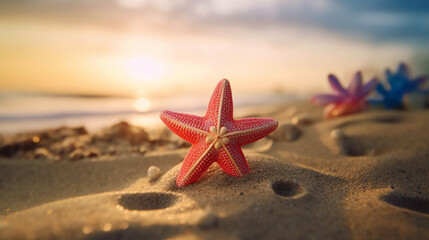 Fototapeta na wymiar A Pastel Colored Starfish Rests on the Textured Sands of a Beautiful Beach - Representing the Joys of Summertime - Generative AI