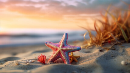 Naklejka na ściany i meble A Pastel Colored Starfish Rests on the Textured Sands of a Beautiful Beach - Representing the Joys of Summertime - Generative AI