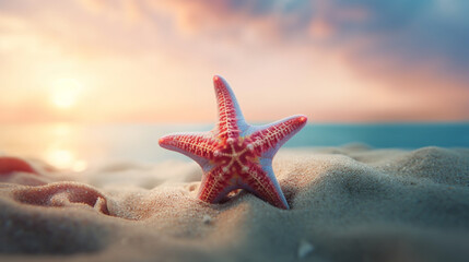 Obraz na płótnie Canvas A Pastel Colored Starfish Rests on the Textured Sands of a Beautiful Beach - Representing the Joys of Summertime - Generative AI