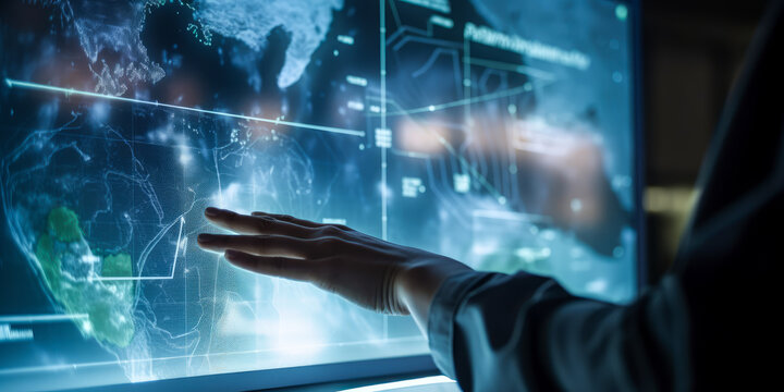 Captivating holographic weather simulation operated by man's hand, evoking innovation and precision in a meteorology laboratory setting. Ideal for tech enthusiasts! Generative AI