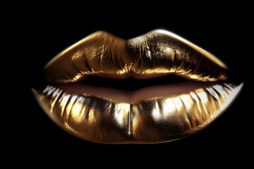 Make-up, beauty and fashion concept. Golden and shiny woman lips isolated on black background. Generative AI