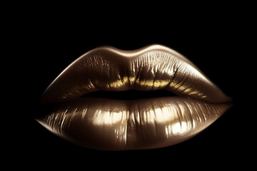 Make-up, beauty and fashion concept. Golden and shiny woman lips isolated on black background. Generative AI