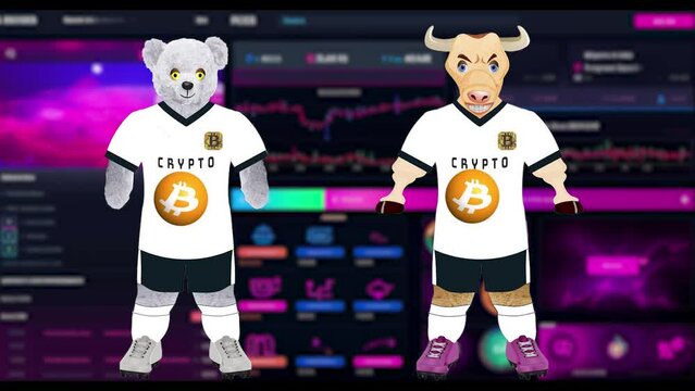 Crypto investor concept, soccer, keepy uppy, cartoon mascots looping animation. Bear /bull investors cartoon wearing white soccer kit. (Bitcoin logo used creative commons license.)