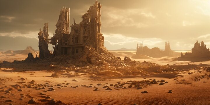 post apocalyptic city ruins buried in the desert sand, epic alien planet landscape, generative ai