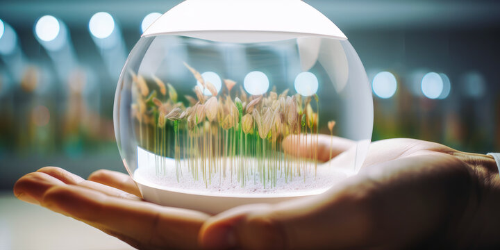 Captivating holographic agricultural simulation in a cutting-edge agronomy lab, featuring a man's hand skillfully navigating the innovative technology. Emotionally impactful! Generative AI