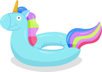 Inflatable swimming circle with a blue unicorn on a white background. Vector illustration of a swimming circle with a unicorn to advertise a beach party. Inflatable rubber toy for water and beach.
