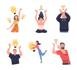 Man and Woman with Glowing Light Bulb Having Idea Vector Illustration Set