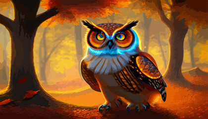 Owl. Realistic bird on dark moon forest background. Dark night background. autumn fairy tale art. Fashion template
