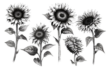 set vector illustration autumn sunflower black and white coloring book elements isolated on white background