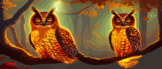 Owl. Realistic bird on dark moon forest background. Dark night background. autumn fairy tale art. Fashion template