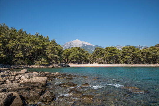 Mount Olympos Tahtali above the sea lagoon of the Mediterranean Sea.